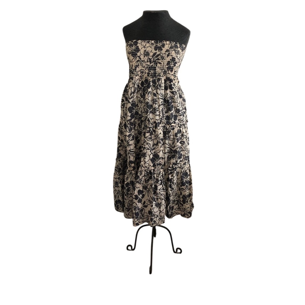 American Eagle Outfitters Strapless Smocked Tropical Floral Midi Dress